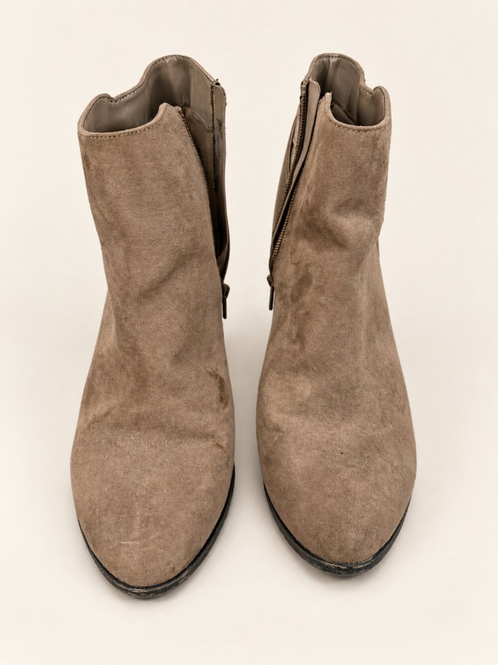Taupe Suede Look Side Zip Low Heel Ankle Boots Size 10